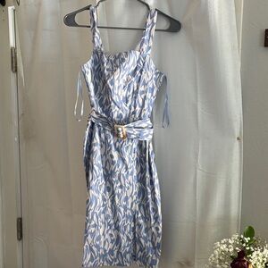 Monteau Blue and White Leaf Print Midi Dress